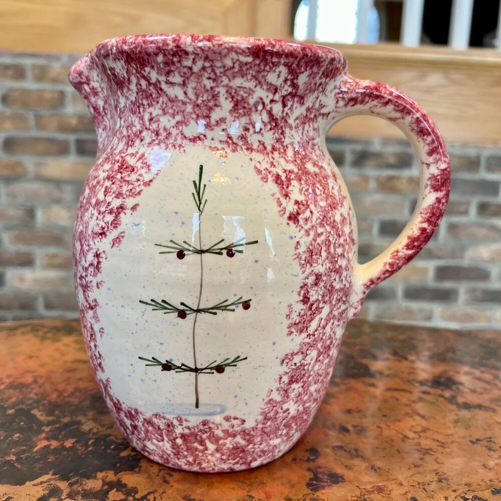 Vintage Signed Red and Cream Pitcher with Charlie Brown Tree